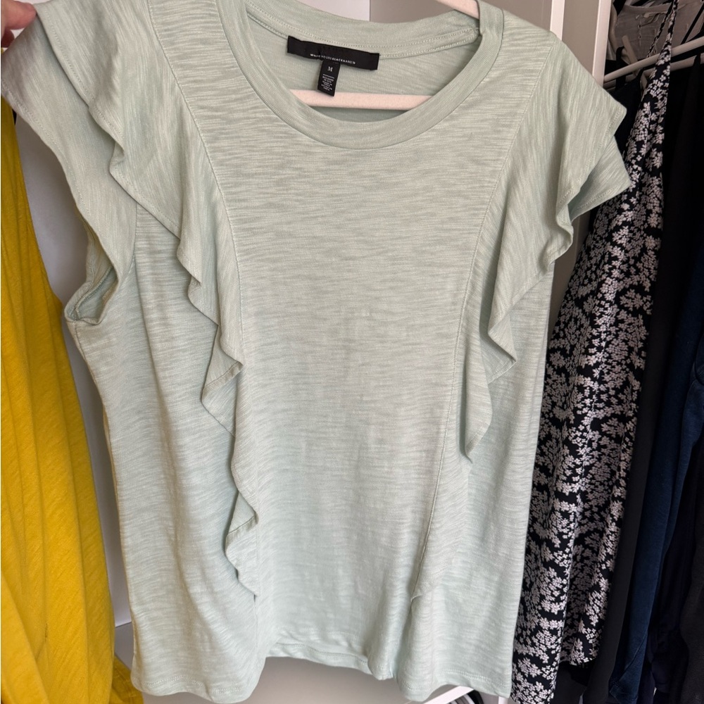 White House Black Market Light Green Ruffle Sleeve Tee